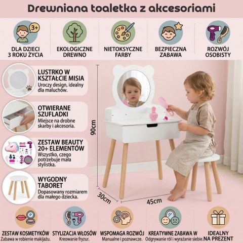 VIGA Toaletka Kosmetyczna Drewniana dla Dzieci Biała z Lustrem + Torebka