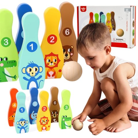 TOOKY TOY Drewniane Kręgle dla Dzieci 7 el + Piłka Certyfikat FSC