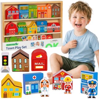 TOOKY TOY Drewniany Zestaw Budynków i Figurek Miasto