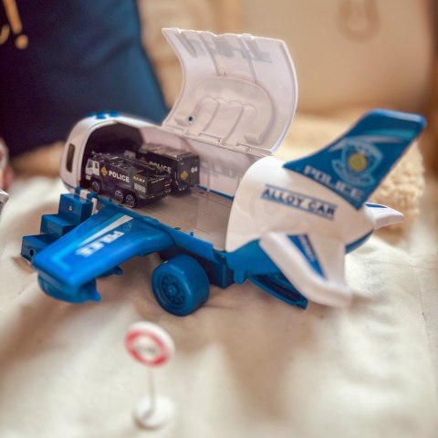 WOOPIE Samolot Rozkładany Transporter Policja z 3 Autami Policyjnymi Zestaw XL Znaki Drogowe