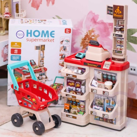 WOOPIE Sklep Supermarket z Wózkiem Sklepowym Waga Kasa Skaner + 48 Akc.