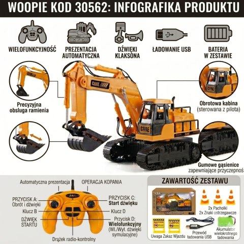 WOOPIE Duża Koparka Zdalnie Sterowana na Gąsienicach 7 Funkcji Dźwięk + Akc.