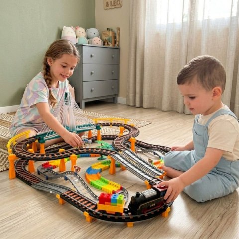 WOOPIE Kolejka Elektryczna Tor Wyścigowy 2w1 Pociąg Wiadukt Auto XXL 192 el.