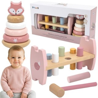 VIGA PolarB Zestaw Drewniana Piramidka + Przebijanka z Młoteczkiem Lisek Montessori