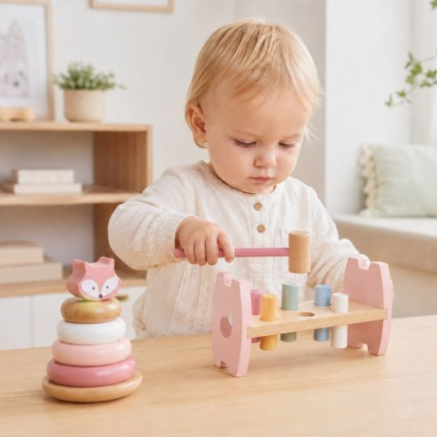 VIGA PolarB Zestaw Drewniana Piramidka + Przebijanka z Młoteczkiem Lisek Montessori