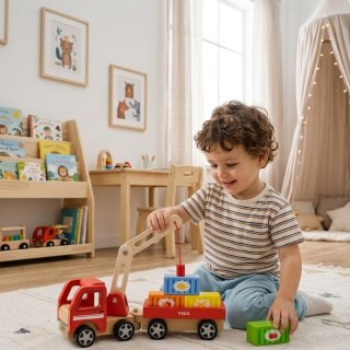 VIGA Drewniany Dźwig Samochód Ciężarówka z Kontenerami Magnes Montessori 18 m+